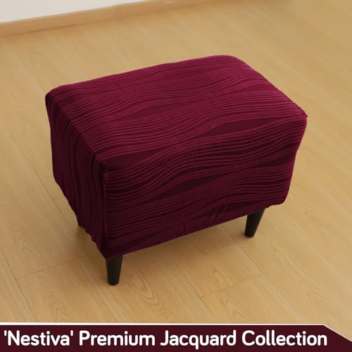Image of HOKIPO Premium Knitting Jacquard 200GSM Stretchable Footstool Cover Ottoman Slipcover, 'Nestiva Series' Burgundy (AR-6236-BRGN)