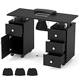 DREAMADE Table Manucure avec Aspirateur, Bureau Onglerie avec 8 Roues, 3 Sacs à Poussière, Repose-Poignet, Tiroirs & Armoire, pour Salon de Beauté, Spa, Maison (Noir)