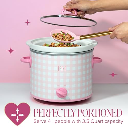 Image of Paris Hilton 3.5-Quart Manual Slow Cooker, Features Three Settings (Low, High, Warm), Naturally Nonstick and Dishwasher Safe Stoneware Insert, Family Sized Capacity, Gingham Pink