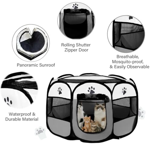Welpenauslauf 74x74x43cm, BRIMOREA Katzenkäfig Hundekäfig für zuhause, Wurfkiste Wurfbox für Katzen Kaninchenstall innen Katzengehege Balkon Katzenkäfig für Draußen Kaninchengehege(Graue Katze)