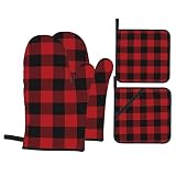 Christmas Red Buffalo Plaid Checker Oven Mitts and Pot Holders Heat Resistant Non-Slip Potholders Ov