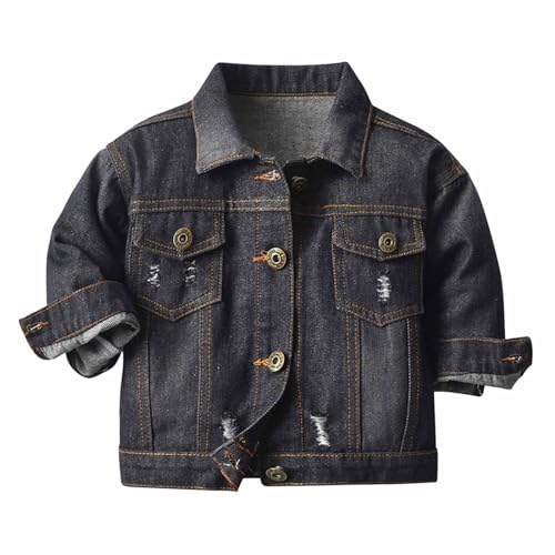 Toddler Boys Denim Jacket Ripped Jean Jacket Long Sleeve Button Down Distressed Cowboy Coats for Kids with Pockets