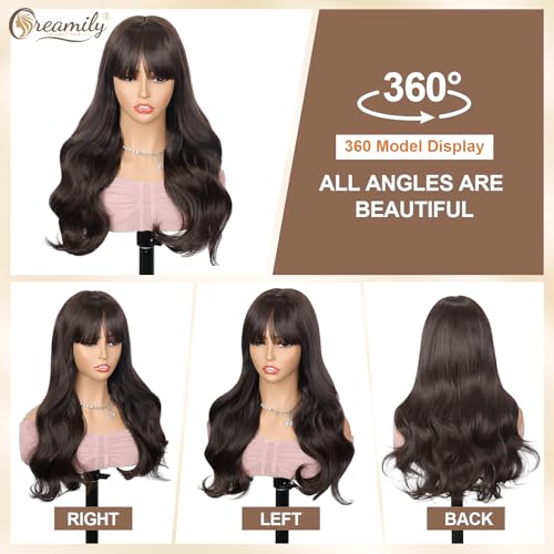 Image of Creamily Long Wave Hair Wig for Woman Full Head Brown Synthetic Heat Resistant Fiber with Bangs 20 Inches Layered Curly Wig for Women Replacement Wig Cosplay