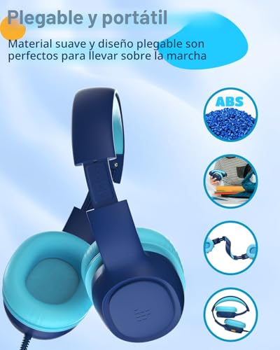Miniatura 2 de Tronsmart Kh01 Auriculares Para Niños, Volumen De Seguridad Plegable 85 93db, Hd Estéreo Conector De 3,5 Mm Auriculares Supraaurales Con Cable Para Niñas Y Niños, Escuela, Viajes, Tabletas - Azul