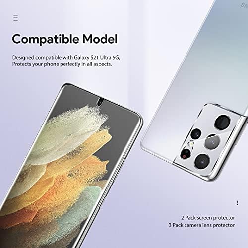 [2+3 Pack] LϟK 2 Pack Flexible Soft TPU Protective Film and 3 Pack Camera Lens Protector for Samsung Galaxy S21 Ultra 5G 6.8 inch- Scratch - resistant HD Clear Bubble Free-Clear