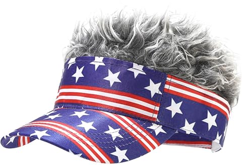 YeeHeen Mens Visor Cap Wig Spiked Adjustable Baseball Cap Golf Hats American Flag + Gray Hair C