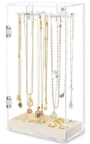 Cirhy Necklace Holder, Acrylic Necklace Organizer with 24 Rotating Hooks, Dust-Proof Jewelry Display Case for Necklaces, Pendants, Earrings, Rings, Enclosed Clear Storage Stand with Velvet Lined Tray