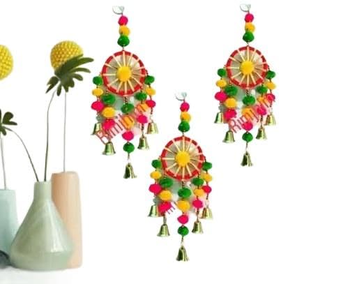 Decorative Pom Pom Wind Chime with Bells, 15 inch, Set of 3 | Multicolour Pompoms, Metal Bells, Wall Hanging, Festive Decor, Handcrafted Design-image-31