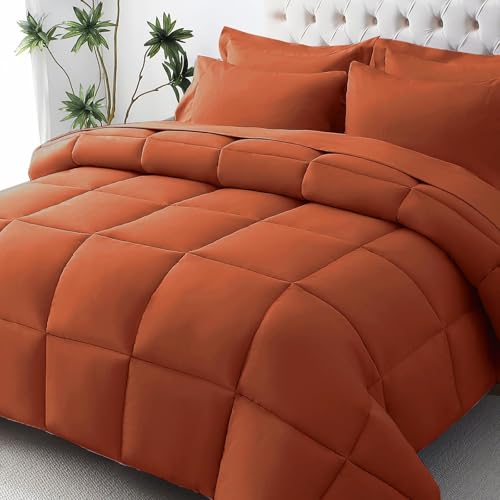 JOLLYVOGUE King Comforter Set Ultra-Soft Bed in a Bag King Size 7 Pieces Oeko-TEX Certified Bedding Set with Down Alternative Comforter Sheets Pillowcases & Shams Burnt Orange