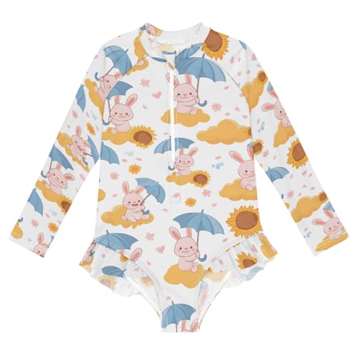 ALAZA Toddler Swimsuit Girl Bathing Suit Swimwear Rash Guard Rabbit Umbrella Long Sleeve 3T