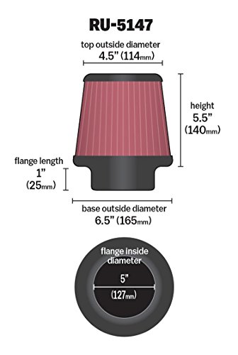 Image of K&N High-Flow Original Lifetime Universal Clamp-On Air Filter: High Performance, Premium, Washable: Flange Diameter: 5 In, Filter Height: 5.5 In, Flange Length: 1 In, Shape: Round Tapered, RU-5147
