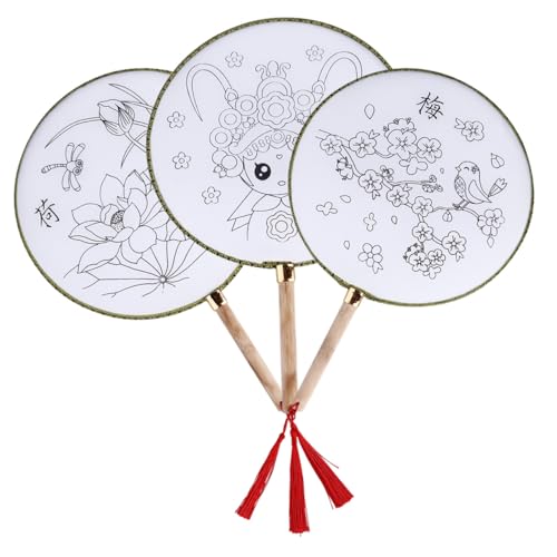 SUPVOX 3 juegos Abanicos Redondos DIY para Pintar Seda y Bambú Juguete Educativo para Incluye Lotus Ópera de Pekín y Flor de Ciruelo para Arte Infantil y Desarrollo de Coordinación