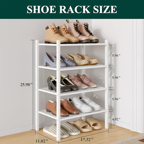 Image of Smiry Bamboo Shoe Rack, 5 Horizontal Slats, 4 Tier - 17.3 inch Wide, White
