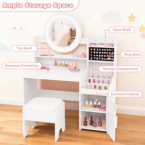 Image of INFANS Kids Vanity with Lights, Princess Makeup Desk with Mirror Storage Shelves, Toddler Table and Chair Set Pretend Play for Girls Aged 4-9 (Cream White)