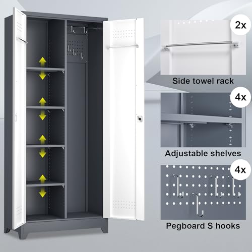 Image of Broom Storage Cabinet, Metal Cabinet with Shelves and Hanging Rod, 72.8 inch Utility Cabinets with Locking Door, Tall Cleaning Storage for Kitchen, Pantry, Office, Shop, Garage