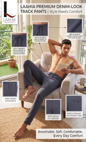 Image of Men's Regular Fit PC Denim-Look Track Pants| Lightweight & Breathable Cotton Fabric| Perfect for Casual Outings, Lounge & Night Wear (PC-Denim)