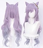 LABEAUTÉ Anime Purple Wigs for Keqing Cosplay Hair Wig with Ponytails Horns Long Pigtails Wig for Halloween Kids Women + Free Cap