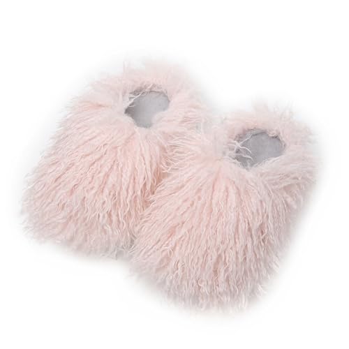 Image of Unisex Fuzzy Faux Fur Slippers, Women's Fluffy Long Hair Sheep Faux Fur Slip on Slides, Girls Luxury Big Fluffy Outdoor Flat Slippers, Long Curly Hair Non-Slip Warm Home Slide Shoes