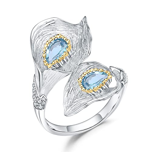 Bague ouverte en topaze bleue naturelle style bohème chic argent réglable