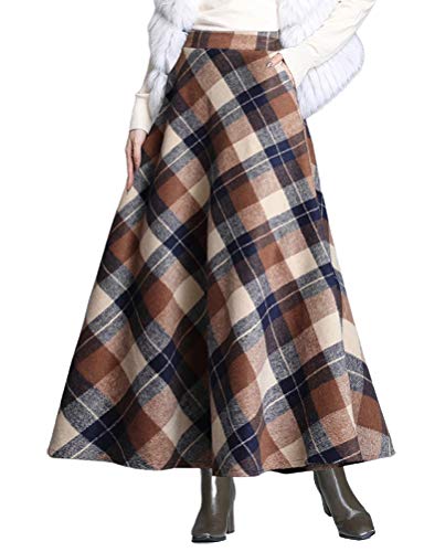 IDEALSANXUN Long Plaid Wool Skirts for Womens Elastic Waist Maxi Pleated Wool Skirts (Medium, Khaki)