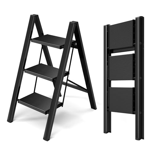 SUMFGO 3 Step Ladder Folding Step Stool with Wide Anti-Slip Pedal and Feet Heavy-Duty Steel Construction 600 lbs Load Capacity for Home and Office (3 Step)