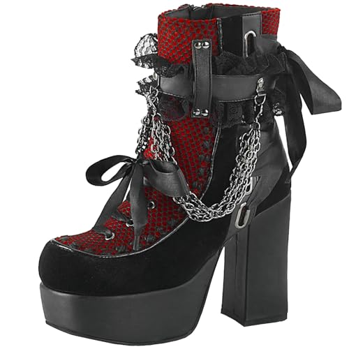 KysBloes Women Goth Platform Boots Chunky High Heel Ankle Boots Lace Up Block Heel Booties Punks Shoes with Chain