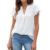 Ejoyous Blusa de gasa para mujer, manga corta, cuello en V, blusa de encaje para mujer, camisa de gasa, informal, camiseta de manga con volantes (M-blanco)