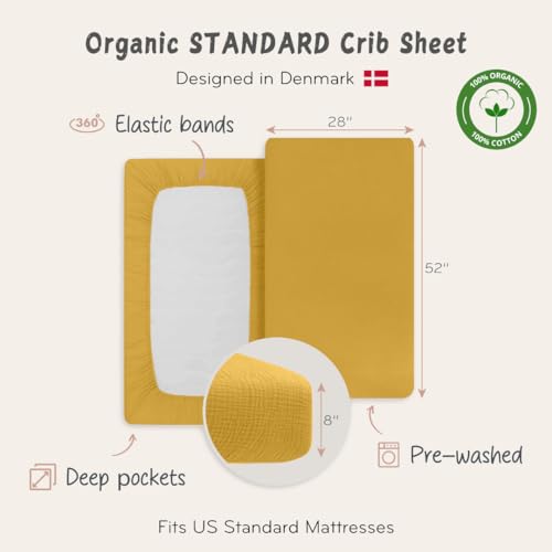 Image of Crib Sheets - Organic Cotton Muslin Fitted Crib Sheet - Standard Size for Baby Boy and Baby Girl 28 inch x 52 inch Ultra-Soft and Breathable. (Autumn Yellow)