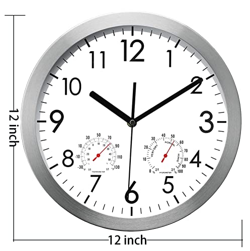 Woophen 12 Inch Silent Non Ticking Wall Clock Sweep Movement Silver Aluminum Frame Glass Cover, For Office, Home, Bathroom, Kitchen, Bedroom, School, Living Room (Silver) #TOP4