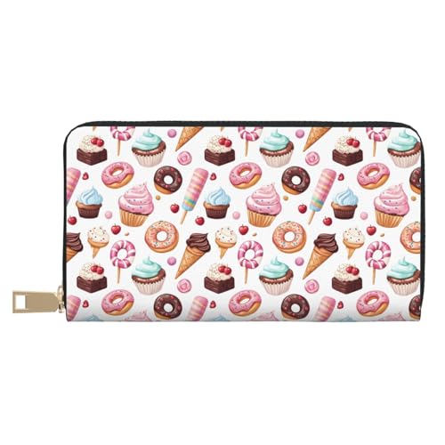 Ice Cream Cake Colorful Print Wallet Women, Leather Bifold Multi Card Wallet, Long Purse Women's Wallets