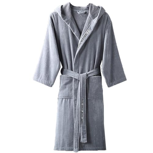 Photo de GHYUBYER Peignoir Homme en Coton avec Capuche，Très Doux, Doublure en Tissu Éponge pour Une Absorption Rapide De l'eau Et Une Absence De Peluches (Color : Light Grey, Size : XL)