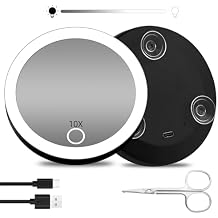 Magnifying Mirror with Light 10x, Small Travel Magnifying Mirror with Suction Cups, Rechargeable 4inch Lighted Dimming Magnified Pocket Makeup Mirror with 10X Magnification, with Scissors