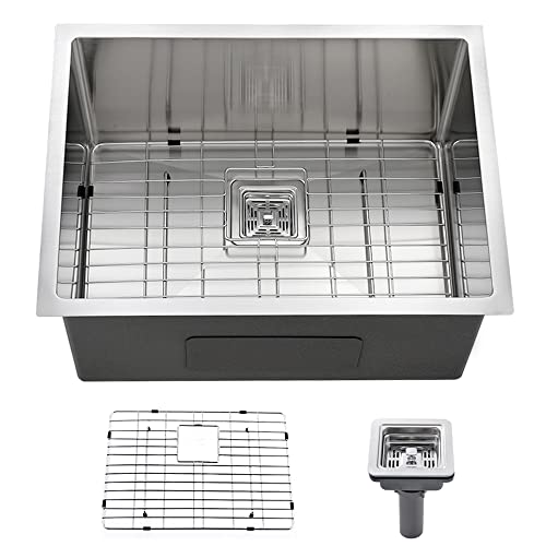 BoomHoze Unterbau-Waschbecken, 58,9 cm, Edelstahl, Waschküche, Spüle, Einzelschüssel, Utility-Spüle, 30,5 cm tief, kleine Wäschespüle mit Bodenspülgitter und Korbsieb Cover