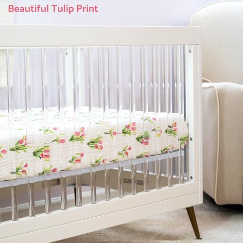 Image of LollyBanks Muslin Crib Sheet, 100% Cotton Fitted Crib Sheets for Girls | Soft all-season weave, snug elastic border for quick changes on 52 x 28 in standard mattresses (Tulip)