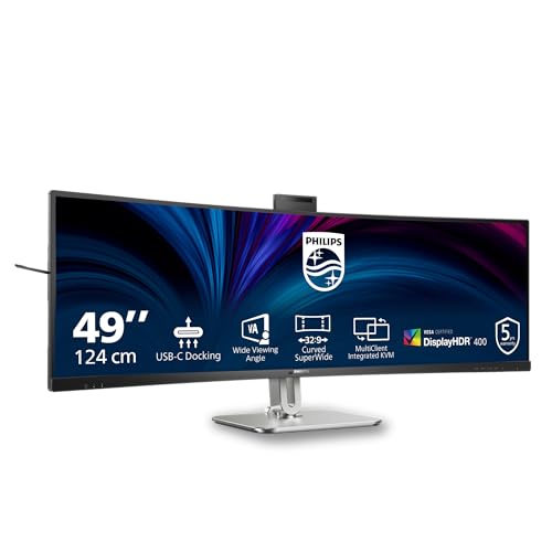 Philips 49B2U5900CH - 49 Zoll QHD Curved Monitor, 75Hz, VA, 4ms, HDR400, KVM, Webcam, Höhenverstellbar, USB-C Docking, Lautsprecher (5120 x 1440, HDMI 2.0 / DP 1.4 / USB-C 1)