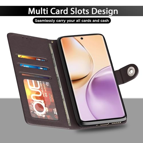 Image of Pikkme Flip Cover Leather Finish | Inside TPU with Card Pockets | Wallet Stand and Shock Proof | Complete Protection Button Flip Case for Realme 14 Pro 5G(Coffee)