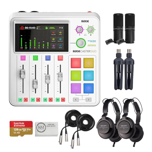 Rode RODECaster Duo Integrated Audio Production Studio (White) Bundled with 2 x Podcast Mic Packs + 128GB Micro-SD Card + Cleaning Cloth (5 Items)