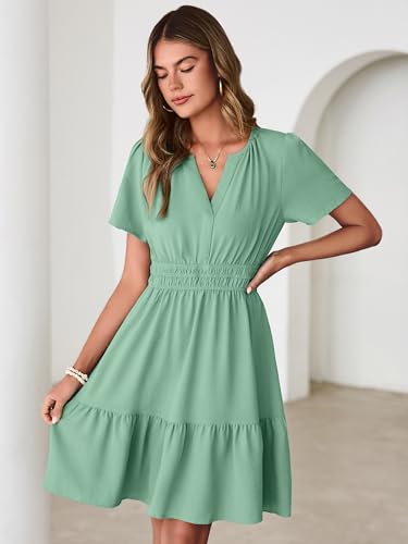 Image of Simplee Womens Casual Summer Dresses 2026 V Neck Short Sleeve Empire Waist Flowy A Line Ruffle Tiered Mini Sundress