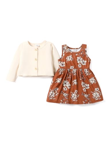 Image of PATPAT Baby Girls Dress and Cardigan Sets 2 PCS Infant Girl Floral Print Sleeveless Dress and Long Sleeve Cardigan Set