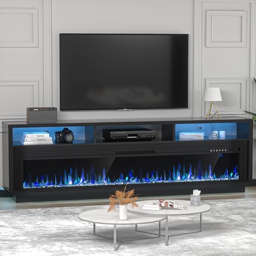Spurgehom 70" Fireplace TV Stand for TVs Up to 80" with 64" Electric Fireplace, TV Console for The Living Room, LED Light Entertainment Center, Storage Cabinet, Media Console Table, Black -  eaafe72d-18f7-4b88-8ff0-2117ac036e48