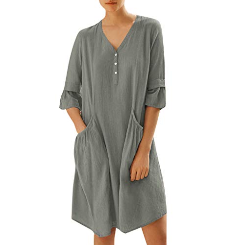 Sunnywill Women Skirt, Sale! Women Summer Casual Solid Half Sleeve Button Dress Round Neck Pocket Dress Womens Elegant Mini Dress Skirt Gray