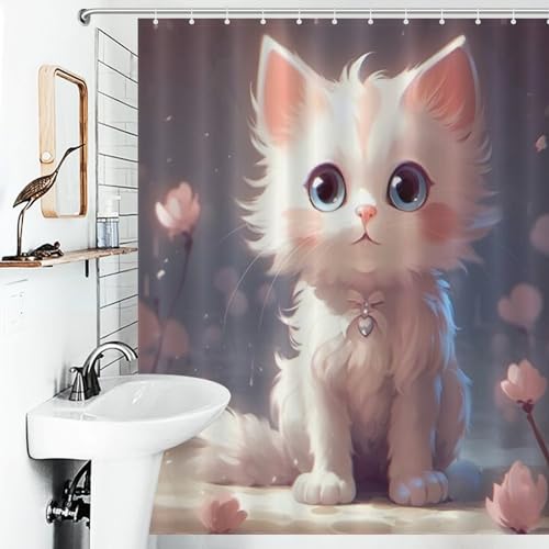 Rideau de douche chat imperméable pour stopper les fuites d'eau sur le sol de la salle de bain