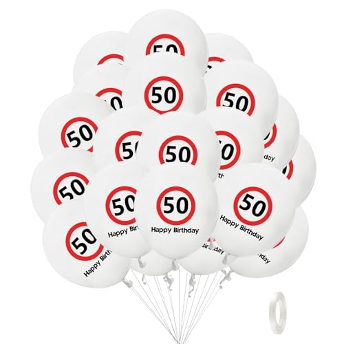 Affivia Verkehrsschild 50 Geburtstag Deko Luftballons, 20 Stück Deko 50. Geburtstag Mann Frau Ballons, Luftballons 50. Geburtstage Weiß Rot, Geburtstagsdeko 50 Jahre Frau Mann,Happy Birthday 50 Ballon