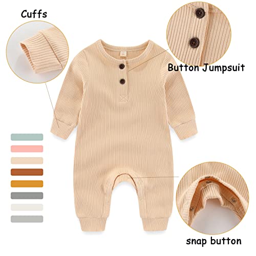 Iadoer Newborn Baby Boys Girls One Piece Romper With Mitten Cuffs 3 Pack Long Sleeve Ribbed Button Jumpsuit Outfit Clothes Apricot+Yellow+Tan 12 Months #TOP4