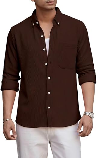 Chrovel Men's Long Sleeve Ribbed Knit Button-Down Shirt - Relaxed Fit Textured Casual Shirt with Chest Pocket