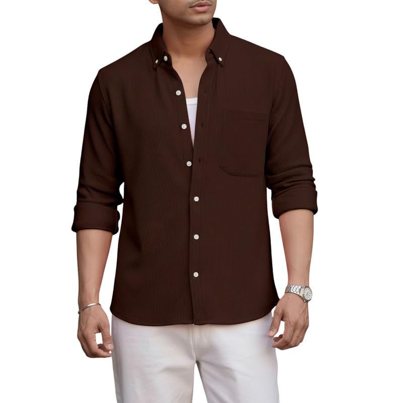 chrovel Men's Long Sleeve Ribbed Knit Button-Down Shirt - Relaxed Fit Textured Casual Shirt with Chest Pocket-picture-32