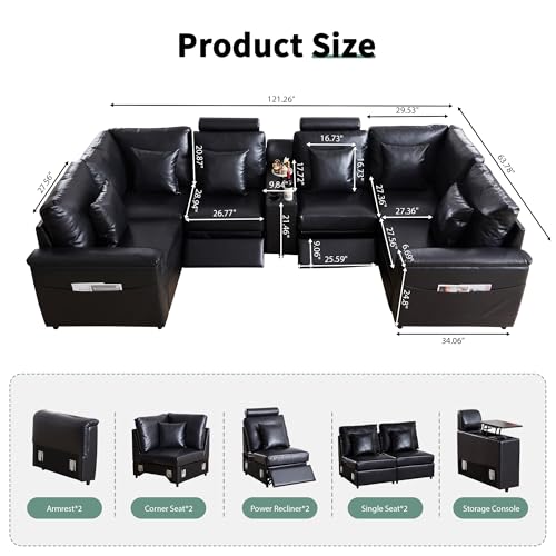 Image of RARZOE Faux Leather Sectional Sofa with 2 Power Recliner, U Shaped PU Leather Couch with Storage Console Charging Cup Holders, 6 Seater Oversized Modular Reclining Couches for Living Room,Black