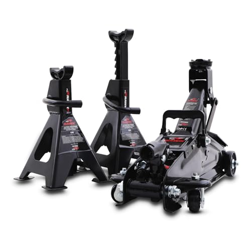 Hawk 2.0 Tonne Hydraulic Trolley Car Jack 2x Lockable Ratchet Axle Stand Kit | Stand: Height 282-424 mm | Jack: Height 131-338 mm Item Weight 15 kg Lift Limit 2 000 kg