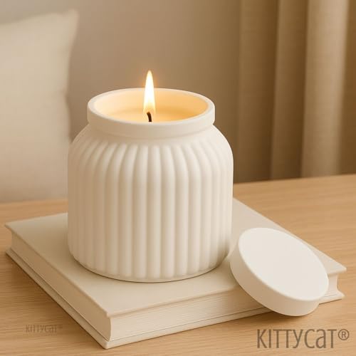 Image of Kitty Cat Aesthetic Soy Wax Scented Candles | Reusable Concrete Sea Shell Jars | Vanilla Aroma | 12+ Hours Burn Time | Perfect Home Decor for Bedroom, Office & Hostel (Minimal Ribbed Matte Jar)