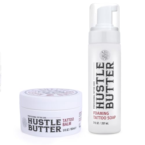 Hustle Butter Deluxe 150ml and Hustle Bubbles Deluxe Foam Wash 207ml vegan tattoo care for before during & after tattooing cruelty-free paraben-free suitable for all skin types